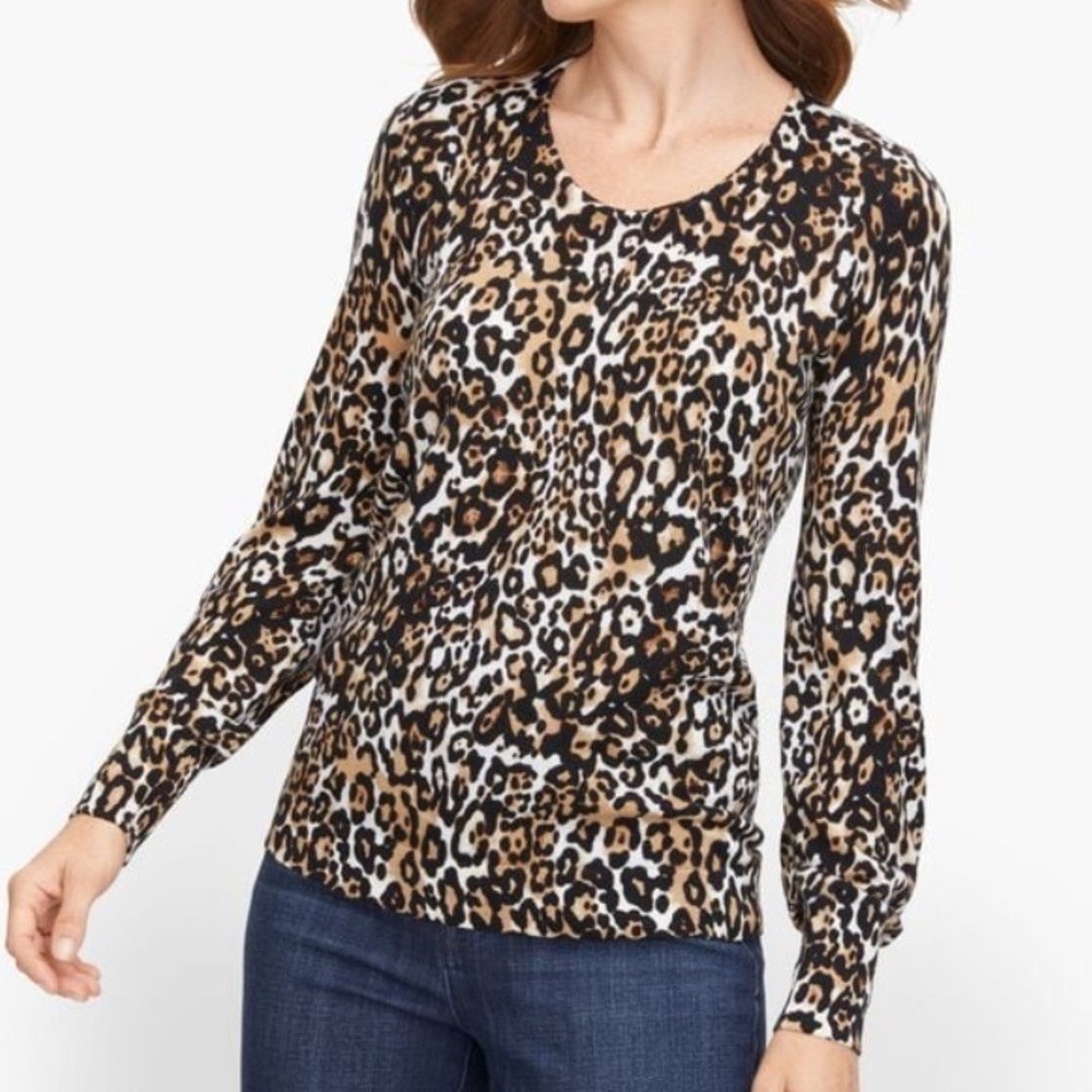 Talbots Soft Merino Wool Bishop Sleeve V-Neck Sweater in Leopard Print